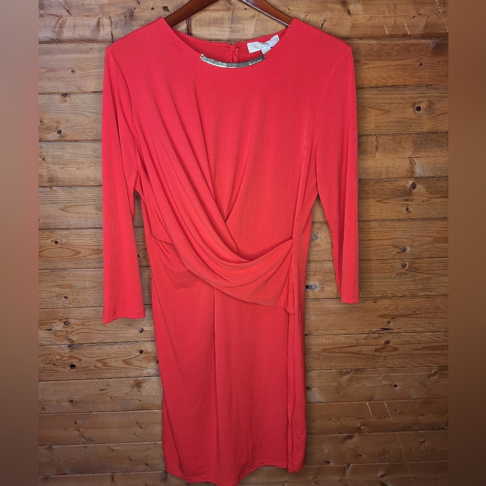 ❤️ NWT Michael Kors Elegant Red Draped Women's Dress Stretch 3/4 Sleeves Size L